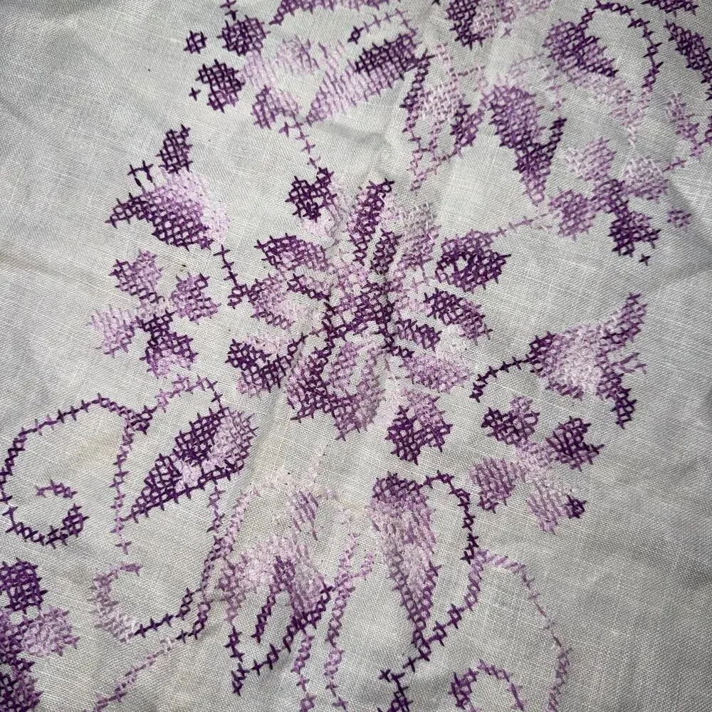 Vintage Linen Tablecloth Cross Stitch Floral Embroidery Purple 65x49